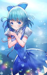 Rule 34 | 1girl, bad id, bad pixiv id, blue background, blue bow, blue dress, blue eyes, blue hair, blush, bow, buttons, cirno, closed mouth, collared shirt, cowboy shot, dress, dress shirt, hair bow, highres, light rays, neck ribbon, puffy short sleeves, puffy sleeves, red ribbon, ribbon, shirt, short sleeves, solo, touhou, ttrta0201, untied, white shirt