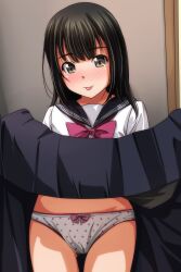 Rule 34 | 1girl, black hair, black skirt, blush, bow, bow panties, bowtie, brown eyes, clothes lift, highres, long hair, long sleeves, looking at viewer, matsunaga kouyou, panties, polka dot, polka dot panties, red bow, red bowtie, school uniform, shirt, skirt, skirt lift, smile, standing, tongue, tongue out, underwear, white panties, white shirt