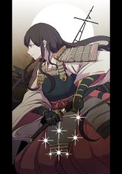 Rule 34 | 1girl, akagi (kancolle), apron, armor, arrow (projectile), black gloves, boushi-ya, breastplate, brown eyes, brown hair, from side, gloves, hakama, hakama skirt, holding, holding sword, holding weapon, japanese clothes, kantai collection, katana, long hair, looking to the side, red hakama, sheath, skirt, solo, straight hair, sword, unsheathing, weapon, wide sleeves