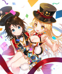 Rule 34 | 2girls, :d, bad id, bad pixiv id, band uniform, bang dream!, black hair, blonde hair, blue eyes, blush, bow, bowtie, breasts, carrying, cleavage, confetti, dress, earrings, gloves, hair ornament, hairclip, hat, hat bow, jacket, jewelry, long hair, long sleeves, looking at viewer, medium breasts, michelle (bang dream!), multiple girls, okusawa misaki, open mouth, polka dot neckwear, pom pom (clothes), princess carry, red bow, short hair, smile, smiley face, streamers, sweatdrop, tokkyu, top hat, tsurumaki kokoro, yellow eyes