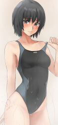 Rule 34 | 1girl, adjusting clothes, adjusting swimsuit, amagami, black hair, breasts, brown eyes, competition swimsuit, embarrassed, grey background, highres, looking at viewer, medium breasts, nanasaki ai, one-piece swimsuit, short hair, signature, solo, sweat, swimsuit, thighs, yoo tenchi