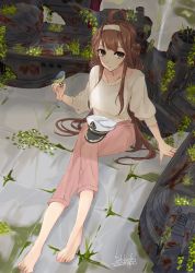 Rule 34 | 1girl, ahoge, alakoala, alternate costume, animal request, barefoot, beige sweater, bird, brown eyes, brown hair, commentary request, dated, double bun, full body, hairband, hat, highres, kantai collection, kongou (kancolle), long hair, looking at viewer, machinery, pants, peaked cap, pink pants, sitting, solo, twitter username, very long hair, white hairband, white headwear