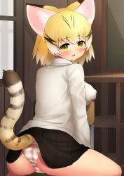 Rule 34 | 1girl, absurdres, animal ear fluff, animal ears, ass, black skirt, blonde hair, blush, breast rest, breasts, cat ears, cat girl, chair, clothes lift, deku suke, extra ears, fang, from behind, highres, indoors, kemono friends, large breasts, lifted by tail, long sleeves, looking at viewer, looking back, open mouth, panties, sand cat (kemono friends), short hair, sitting, sitting backwards, skirt, skirt lift, solo, striped clothes, striped panties, underwear, yellow eyes