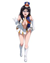 Rule 34 | 10s, 1girl, band uniform, bare shoulders, black hair, blue eyes, blush, body blush, boots, breasts, cleavage, full body, glasses, hibike! euphonium, large breasts, leaning forward, long hair, looking at viewer, navel, no bra, open clothes, open mouth, open shirt, sbel02, shirt, simple background, skirt, smile, solo, standing, tanaka asuka, transparent background