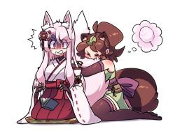 Rule 34 | 2girls, animal ears, biting, biting another&#039;s tail, black gloves, blush, book, breasts, brown gloves, brown hair, brown thighhighs, closed eyes, cotton candy, elbow gloves, fang, fingerless gloves, fox ears, fox girl, fox tail, gloves, highres, holding, holding book, hugging another&#039;s tail, hugging tail, japanese clothes, leaf, leaf on head, littlecloudie, long hair, medium breasts, miko, multiple girls, open mouth, original, raccoon ears, raccoon girl, raccoon tail, red eyes, seiza, shaded face, short hair, short ponytail, simple background, sitting, tail, tail biting, thighhighs, thought bubble, wariza, white background, white hair