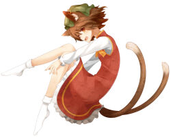 Rule 34 | 1girl, animal ear fluff, animal ear piercing, animal ears, bare legs, bow, bowtie, brown hair, cat ears, cat tail, chen, collared dress, commentary request, dress, earrings, fang, frilled dress, frilled hat, frilled sleeves, frills, from side, full body, green hat, hand on own leg, hat, hoop earrings, jewelry, light blush, long sleeves, looking at viewer, mob cap, multiple tails, nekomata, no shoes, open mouth, orange eyes, red dress, shiroino (shirayuki mutsuki), shirt, short dress, short hair, simple background, sleeveless, sleeveless dress, smile, socks, solo, tail, touhou, two tails, white background, white shirt, white sleeves, white socks, yellow bow, yellow bowtie