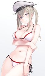 Rule 34 | 10s, 1girl, 2016, artist name, bare arms, bare shoulders, bikini, black ribbon, blonde hair, blue eyes, breast hold, breasts, cleavage, closed mouth, collar, collarbone, cowboy shot, dated, eyebrows, eyelashes, gradient background, graf zeppelin (kancolle), grey background, halterneck, hand on own arm, hat, highres, holding own arm, kantai collection, large breasts, long hair, looking at viewer, pale skin, peaked cap, ribbon, rokuwata tomoe, side-tie bikini bottom, sidelocks, simple background, smile, solo, standing, string bikini, swimsuit, twintails, white bikini, white hat