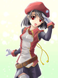 Rule 34 | 1girl, belt, beret, brown hair, gloves, hat, open mouth, red eyes, salute, skirt, solo, thighhighs, uniform, yamagami mozuku