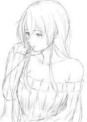 Rule 34 | 10s, 1girl, bare shoulders, breasts, casual, cleavage, collarbone, colored skin, greyscale, hair between eyes, hand in own hair, highres, kantai collection, large breasts, long hair, looking at viewer, monochrome, niwatazumi, off shoulder, open mouth, ribbed sweater, sidelocks, sketch, sleeves past wrists, solo, sweater, tatebayashi sakurako, upper body, white skin