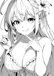 Rule 34 | 1girl, :q, ahoge, bikini, braid, breasts, cleavage, closed mouth, collarbone, commentary, crossed bangs, english commentary, finger to own chin, flower, greyscale, hair flower, hair ornament, halterneck, hands up, hibiscus, large breasts, long hair, looking at viewer, mixed-language commentary, monochrome, pecorine (princess connect!), pecorine (summer) (princess connect!), princess connect!, sidelocks, simple background, single braid, solo, split mouth, swimsuit, tongue, tongue out, upper body, white background, yu yu (metishina)