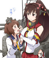 Rule 34 | 10s, 2girls, anchor, bare shoulders, binoculars, blush, breasts, brown eyes, brown hair, cherry blossoms, flower, hair flower, hair ornament, height difference, japanese clothes, kantai collection, large breasts, long hair, multiple girls, open mouth, personification, ponytail, school uniform, serafuku, short hair, skirt, smile, translated, yamato (kancolle), youkan, yukikaze (kancolle)