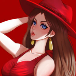 Rule 34 | 1girl, bare shoulders, blue eyes, brown hair, dinalexis, donkey kong (series), dress, earrings, hand on headwear, hat, highres, jewelry, lips, long hair, looking at viewer, mario (series), nintendo, pauline (mario), red background, red dress, red hat, red lips, simple background, sleeveless, solo, super mario odyssey, upper body