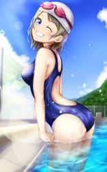 Rule 34 | 1girl, absurdres, artist name, artist request, bare legs, bare shoulders, blue eyes, blue one-piece swimsuit, blue sky, blush, breasts, cloud, collarbone, competition swimsuit, day, female focus, goggles, goggles on head, grey hair, gyouza makoto2, highres, horizon, light brown hair, looking at viewer, looking back, love live!, love live! school idol festival, love live! sunshine!!, medium breasts, mountain, one-piece swimsuit, one eye closed, outdoors, parted lips, pool, pool ladder, short hair, sky, smile, solo, swim cap, swimsuit, watanabe you