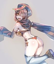 Rule 34 | 1girl, ass, bare shoulders, bikini, bow (bhp), capelet, detached sleeves, fang, grey hair, hat, heart, heart bikini, jiangshi, looking at viewer, looking back, ofuda, open mouth, original, qingdai guanmao, simple background, sleeves past wrists, smile, solo, swimsuit, thighhighs, white thighhighs, yellow eyes, zombie