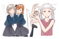 Rule 34 | 3girls, animal, arashi chisato, bad id, bad twitter id, bird, blazer, blue jacket, blunt bangs, branch, brown footwear, bullfalk, closed eyes, collared shirt, commentary request, cropped torso, double bun, dress, dress shirt, grey dress, grey hair, grin, hair between eyes, hair bun, hand on another&#039;s chin, hand on another&#039;s head, headpat, highres, jacket, leg up, loafers, long sleeves, looking at viewer, love live!, love live! superstar!!, manmaru (love live!), medium hair, multiple girls, open clothes, open jacket, open mouth, orange hair, owl, red eyes, red shirt, school uniform, shibuya kanon, shirt, shoes, short dress, short hair, short sleeves, simple background, smile, tang keke, tears, translation request, twintails, white background, white hair, white shirt, winter uniform, yuigaoka school uniform