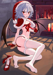Rule 34 | 1girl, arm support, ass, bat wings, blue hair, blush, breasts, capelet, fangs, feet, fire, fireplace, fkey, full body, gloves, hat, highres, looking at viewer, navel, open mouth, red eyes, red footwear, red gloves, red hat, red ribbon, remilia scarlet, ribbon, santa hat, shoes, small breasts, solo, thighhighs, touhou, unworn shoes, white thighhighs, wings