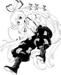 Rule 34 | 1girl, black footwear, black pants, bow, breasts, buttons, closed mouth, collarbone, collared shirt, cross-laced footwear, dress shirt, fujiwara no mokou, full body, greyscale, hair bow, hands in pockets, juliet sleeves, long hair, long sleeves, maguro (mawaru sushi), monochrome, pants, pants tucked in, puffy pants, puffy sleeves, shirt, small breasts, solo, suspenders, touhou, very long hair