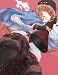 Rule 34 | 1girl, black bow, black footwear, black gloves, black hat, black skirt, blue shawl, bolt action, boots, bow, brown eyes, brown hair, brown thighhighs, fingerless gloves, from below, fur hat, gloves, gun, hair between eyes, hair bow, hair ornament, hairclip, hat, highres, jacket, kantai collection, long hair, looking at viewer, looking down, low twintails, mosin-nagant, pantyhose, papakha, pleated skirt, red shirt, rifle, sabakuomoto, scarf, shawl, shirt, skirt, solo, tashkent (kancolle), teeth, thigh boots, thighhighs, torn clothes, torn scarf, twintails, weapon, white jacket, white scarf