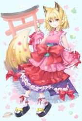 Rule 34 | 1girl, :d, animal ear fluff, animal ears, bad id, bad pixiv id, black footwear, blonde hair, blue background, blush, bow, brown eyes, dango, food, fox ears, fox girl, fox tail, frilled kimono, frilled skirt, frills, hair between eyes, highres, holding, holding food, japanese clothes, kimono, long sleeves, looking at viewer, murano, open mouth, original, pink kimono, purple skirt, red bow, ribbon-trimmed sleeves, ribbon trim, sandals, sanshoku dango, simple background, skirt, sleeves past wrists, smile, socks, solo, tabi, tail, torii, wagashi, wide sleeves, zouri