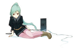 Rule 34 | 1girl, aqua hair, arm support, boots, computer, dress, female focus, full body, hrd, legs, long hair, original, pantyhose, pc personification, pink pantyhose, ponytail, red eyes, sitting, skirt, solo, very long hair, white background
