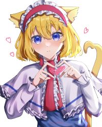 Rule 34 | 1girl, alice margatroid, animal ears, blonde hair, blue dress, blue eyes, blush, capelet, cat ears, cat tail, closed mouth, dress, hair between eyes, hairband, heart, heart hands, highres, jingai (k1bun), lolita hairband, long sleeves, looking at viewer, red hairband, short hair, simple background, solo, tail, touhou, upper body, white background, white capelet