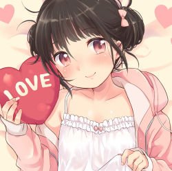 Rule 34 | 1girl, bed sheet, blush, bow, camisole, close-up, closed mouth, clothes lift, double bun, frills, hair bow, hair bun, heart, heart-shaped pupils, heart-shaped pillow, highres, hood, hoodie, light smile, looking at viewer, lying, on back, open clothes, open hoodie, original, petite, pillow, pink bow, portrait, smile, solo, symbol-shaped pupils, yukiu con