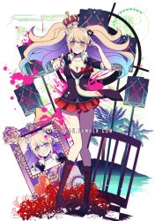Rule 34 | 1girl, bear hair ornament, black shirt, blonde hair, blood, blue eyes, blush, boots, bow, breasts, cleavage, collarbone, commentary, criis-chan, crown, danganronpa: trigger happy havoc, danganronpa (series), enoshima junko, flower, full body, grin, hair ornament, hand up, iei, large breasts, long hair, looking at viewer, miniskirt, nail polish, necktie, pink blood, pink hair, pleated skirt, pointing, pointing at viewer, red bow, red flower, red skirt, school uniform, shirt, skirt, sleeves rolled up, smile, solo, spider lily, spoilers, standing, symbol-only commentary, teeth, tumblr username, twintails, white flower