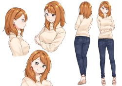 Rule 34 | 1girl, :d, belt buckle, blush, breasts, brown eyes, brown sweater, buckle, casual, closed mouth, commentary request, cropped torso, crossed arms, denim, earrings, from behind, head tilt, heart, heart earrings, highres, jeans, jewelry, legs apart, long hair, long sleeves, looking at viewer, medium breasts, multiple views, open mouth, orange hair, original, pants, sandals, simple background, smile, standing, sweater, swept bangs, turtleneck, turtleneck sweater, upper body, white background, yuki arare