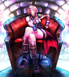 Rule 34 | 1girl, blue eyes, boots, breasts, cape, chair, closed mouth, commentary request, final fantasy, final fantasy xiii, fingerless gloves, gloves, highres, lightning farron, long hair, looking at viewer, masayoshi, miniskirt, pink hair, sitting, skirt, smile, solo, sweater