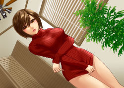 Rule 34 | 1girl, breasts, brown eyes, brown hair, dutch angle, hamura mayu, indoors, large breasts, lips, looking at viewer, meiko (vocaloid), naked sweater, parted lips, ribbed sweater, shirt, short hair, solo, sweater, taut clothes, taut shirt, thigh gap, vocaloid