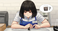 Rule 34 | 1boy, 1girl, apron, barista, black hair, black pants, black shirt, blue apron, bob cut, brown eyes, brown hair, cafe, coffee, collar, commentary request, giant, giantess, helping, highres, kneeling, kuroihassan, looking down, menu, mini person, miniboy, name tag, original, pants, pointing, restaurant, shirt, short hair, short sleeves, size difference, smile, speech bubble, spoken food, upper body, white collar, white shirt
