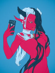 Rule 34 | 1girl, bad id, bad pixiv id, between breasts, black hair, black sclera, blue background, breasts, cellphone, closed mouth, colored sclera, colored skin, demon girl, demon horns, earbuds, earphones, film grain, hair between breasts, hair over one eye, highres, holding, holding phone, horns, long hair, multicolored hair, nail polish, navel, nipple piercing, nipples, orange eyes, original, phone, piercing, pointy ears, red skin, simple background, smile, solo, tailbox, very long hair, white hair, white nails