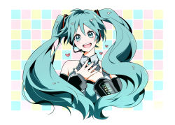 Rule 34 | 1girl, aqua eyes, aqua hair, bad id, bad pixiv id, chonnbo, hatsune miku, headset, heart, long hair, looking at viewer, open mouth, smile, solo, twintails, vocaloid
