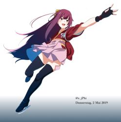 Rule 34 | 1girl, black thighhighs, boots, fingerless gloves, floating hair, gloves, ice skating, japanese clothes, kamikaze (kancolle), kantai collection, latex, latex legwear, looking away, open mouth, purple hair, skating, skirt, solo, thigh boots, thighhighs, vi3r6ein, wind, wind lift, yellow eyes