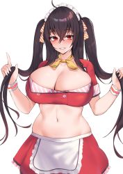 Rule 34 | 1girl, ahoge, apron, azur lane, black hair, blush, breasts, cleavage, collarbone, crop top, crossed bangs, eyelashes, frilled apron, frills, hair between eyes, hair ribbon, hands up, holding, holding own hair, huge breasts, kuavera, long hair, looking at viewer, maid headdress, navel, parted lips, red eyes, red skirt, ribbon, short sleeves, simple background, skirt, smile, solo, striped ribbon, taihou (azur lane), two side up, waist apron, white apron, white background, wide hips