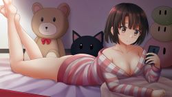 Rule 34 | 1girl, bare legs, bare shoulders, barefoot, bed sheet, blush, breasts, brown eyes, brown hair, cellphone, cleavage, closed mouth, collarbone, commentary, commission, female focus, highres, holding, holding phone, hood, hood down, hoodie, indoors, katou megumi, kazenokaze, legs up, long sleeves, lying, medium breasts, no bra, on stomach, phone, saenai heroine no sodatekata, smile, soles, solo, striped clothes, striped hoodie, stuffed animal, stuffed toy, teddy bear, | |, || ||