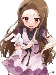 Rule 34 | 1girl, absurdres, black bow, black hairband, black ribbon, blush, bow, breasts, brown eyes, brown hair, dress, dress bow, hairband, hand on own hip, hand up, highres, holding, holding stuffed toy, idolmaster, idolmaster (classic), idolmaster million live!, idolmaster million live! theater days, long hair, looking at viewer, minase iori, nnnn, open mouth, pink dress, red eyes, ribbon, see-through, see-through sleeves, short sleeves, signature, simple background, small breasts, solo, stuffed animal, stuffed rabbit, stuffed toy, upper body, usa-chan (idolmaster), white background