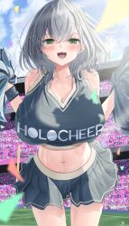 Rule 34 | 1girl, absurdres, alternate costume, blush, breasts, cheerleader, cleavage, confetti, green eyes, highres, holding, holding pom poms, hololive, large breasts, midriff, miniskirt, navel, pleated skirt, pom pom (cheerleading), pom poms, shirogane noel, short hair, skirt, stadium, tank top, virtual youtuber, visitofsiki, white hair