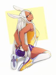 Rule 34 | 1girl, animal ears, arms behind back, ass, bare arms, bare shoulders, boku no hero academia, breasts, clothing cutout, cutting clothes, dark-skinned female, dark skin, hair over shoulder, highres, holding, holding scissors, kneehighs, large breasts, long eyelashes, looking back, looking down, mirko, parted bangs, purple shorts, rabbit ears, rabbit girl, rabbit tail, red eyes, scissors, shoes, short shorts, shorts, sitting, sneakers, socks, solo, tail, tail through clothes, tank top, thighs, toned, tongue, tongue out, trevo (trevoshere), twitter username, wariza, white hair, white socks, yellow footwear, yellow tank top