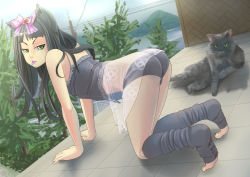Rule 34 | 1girl, :p, all fours, animal ears, arm support, ass, bad id, bad pixiv id, bare shoulders, bent over, black hair, cat, cat ears, green eyes, leg warmers, legs, long hair, looking back, original, panties, raybar, solo, toeless legwear, toes, tongue, tongue out, underwear