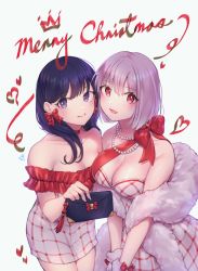 Rule 34 | 2girls, :d, bad id, bad pixiv id, bag, bare shoulders, blue background, bow, breasts, choker, christmas, cleavage, closed mouth, collarbone, commentary, dress, english commentary, feather boa, gloves, gridman universe, hair between eyes, handbag, heart, holding, holding bag, jewelry, large breasts, long hair, merry christmas, multiple girls, necklace, open mouth, ozzingo, pearl necklace, plaid, plaid dress, purple eyes, purple hair, red bow, red choker, red eyes, revision, shinjou akane, smile, ssss.gridman, takarada rikka, white dress, white gloves
