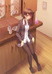 Rule 34 | 1girl, beer can, brown hair, can, drink can, ese shinshi, female focus, office lady, open mouth, original, pantyhose, pencil skirt, plate, purple eyes, skirt, solo, tissue, tissue box, unbuttoned