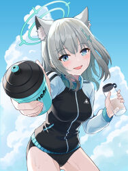 Rule 34 | 1girl, animal ear fluff, animal ears, black buruma, black shirt, blue archive, blue eyes, blue halo, blue sky, blush, bottle, buruma, cloud, cloudy sky, commentary request, cowboy shot, cross hair ornament, day, giving, grey hair, hair ornament, halo, highres, holding, holding bottle, long hair, long sleeves, looking at viewer, mismatched pupils, open mouth, shiroko (blue archive), shirt, sky, smile, solo, sweat, water bottle, wolf ears, yeogpu (seung832222)