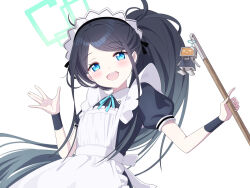 Rule 34 | &lt;key&gt; (robot) (blue archive), 1girl, absurdly long hair, absurdres, apron, aqua halo, aris (blue archive), aris (maid) (blue archive), black dress, black hair, blue archive, blue eyes, blush, dress, frilled apron, frills, green halo, halo, highres, long hair, looking at viewer, maid, maid headdress, official alternate costume, open mouth, ponytail, puffy short sleeves, puffy sleeves, short sleeves, simple background, smile, solo, upper body, ushiroki, very long hair, white apron, white background