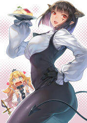 Rule 34 | + +, 2girls, :d, ass, black gloves, black hair, black necktie, black pants, black vest, blonde hair, breasts, chain, collar, collared shirt, commentary request, demon girl, demon horns, demon tail, dress shirt, ex (himesama goumon), food, fork, gloves, hagure keg, halftone, halftone background, hand on own hip, hand up, highres, hime-sama &quot;goumon&quot; no jikan desu, hime (himesama goumon), holding, holding fork, holding knife, holding plate, horns, knife, long hair, long sleeves, looking at viewer, looking to the side, medium breasts, metal collar, multicolored hair, multiple girls, necktie, off shoulder, open mouth, pants, plate, pointy ears, puffy long sleeves, puffy sleeves, purple hair, red eyes, revision, shirt, short hair, short necktie, sleeves past wrists, smile, tail, torture tortura, two-tone hair, very long hair, vest, wavy mouth, white shirt