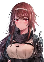 Rule 34 | 1girl, absurdres, bad id, bad pixiv id, blue jacket, blush, brown hair, cizzi, closed mouth, earpiece, framed breasts, girls&#039; frontline, gloves, grey scarf, hair between eyes, hair ribbon, hairband, handband, headset, highres, index finger raised, jacket, js 9 (girls&#039; frontline), long hair, looking at viewer, low ponytail, mechanical arms, mole, mole under eye, multiple straps, red eyes, ribbon, scarf, sidelocks, single mechanical arm, solo, strap, underbust, upper body, very long hair, white background, white hairband, white ribbon