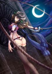 Rule 34 | 1girl, adsouto, ass, ass cutout, back tattoo, black hair, bloodstained: ritual of the night, blue eyes, body jewelry, body markings, breasts, butt crack, clothing cutout, crescent moon, crystal, glowing, hair between eyes, highres, horns, jewelry, large breasts, lingerie, miriam (bloodstained), moon, night, scarf, shiny skin, sideboob, solo, tattoo, thighhighs, thong, tramp stamp, underwear, underwear only, whip