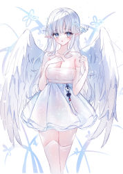 Rule 34 | 1girl, blue eyes, breasts, cleavage, commentary, elbow gloves, feathered wings, gloves, highres, long hair, medium breasts, original, parted lips, pleated skirt, pointy ears, skirt, solo, standing, strapless, symbol-only commentary, tandohark, thighhighs, very long hair, white background, white gloves, white hair, white skirt, white thighhighs, white wings, wings