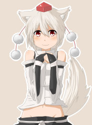 Rule 34 | 1girl, animal ears, bad id, bad pixiv id, bare shoulders, detached sleeves, female focus, fingerless gloves, gloves, groin, hat, highres, inubashiri momiji, midriff, navel, red eyes, silver hair, simple background, smile, solo, tail, tokin hat, touhou, wk (low-f), wolf ears, wolf tail