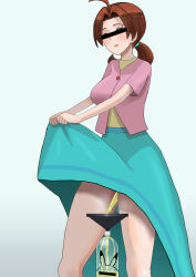 Rule 34 | 1girl, ahoge, aqua dress, blush, brown hair, censored, clothes lift, creatures (company), delia ketchum, dress, dress lift, feet out of frame, female focus, game freak, hair tie, highres, identity censor, lifted by self, mature female, nintendo, nokironokii, peeing, peeing in bottle, pokemon, pokemon (anime), pokemon (classic anime), ponytail, short sleeves, simple background, smile, solo, standing, thighs, white background